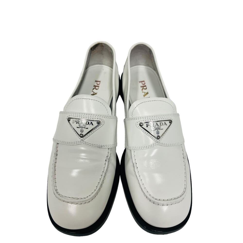 PRADA White Leather Metal Triangle Logo Slip-On Loafers Size 36.5 US 6.5 - Picture 6 of 11